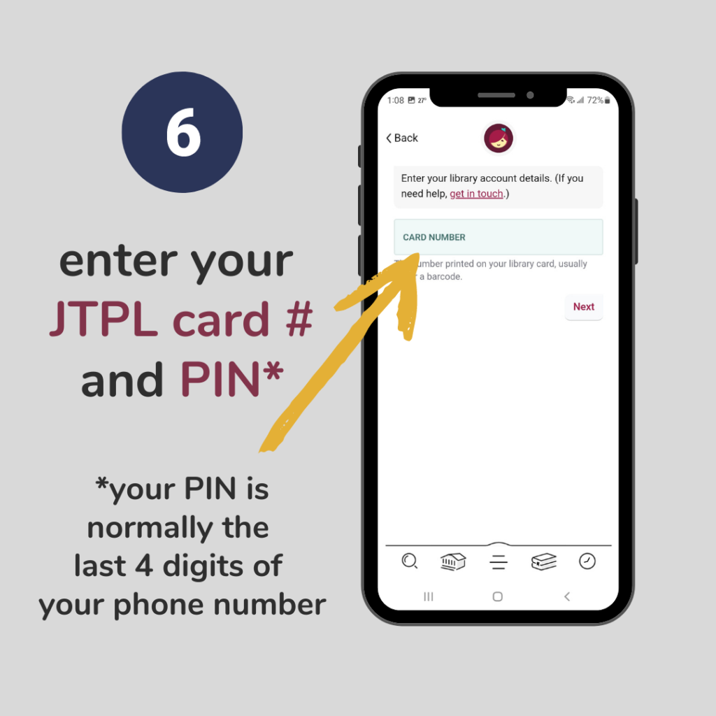 Enter your JTPL library card number and PIN. The PIN is normally the last 4 digits of the phone number you have on your library account, but you can call the library if you need help.